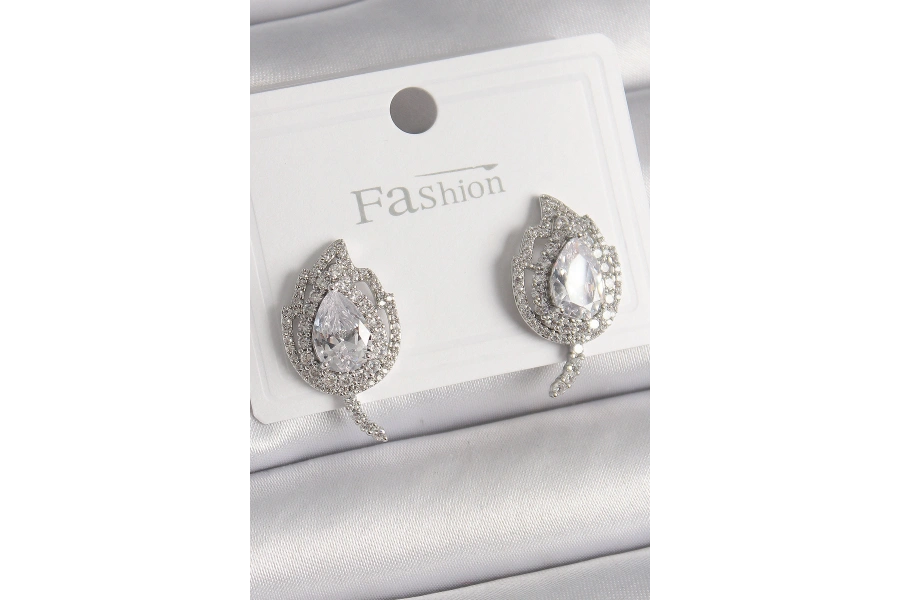 Shoecide Pirinç Gümüş Renk Zirkon Taşlı Yaprak Model Kadın Küpe