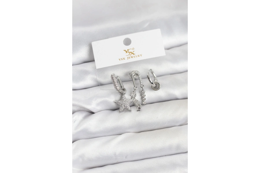Shoecide Pirinç Gümüş Renk Zirkon Taşlı Yıldız Vintage Model Ysx Trio Küpe Seti