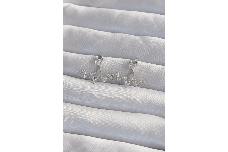 Shoecide Pirinç Gümüş Renk Zirkon Taşlı Zikzak Küpe