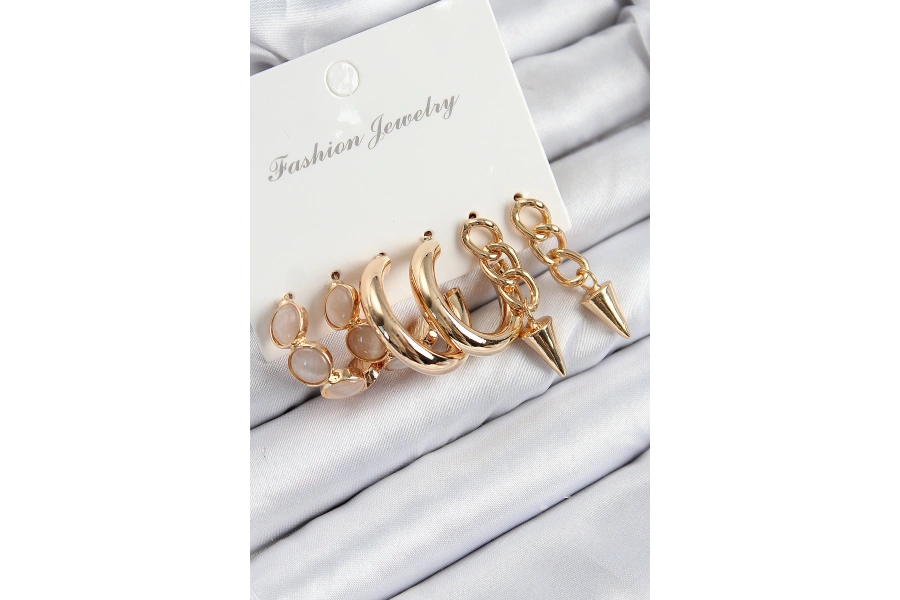 Shoecide Pirinç Halka Ve Zincir Model Gold Renk Kadın Set Küpe