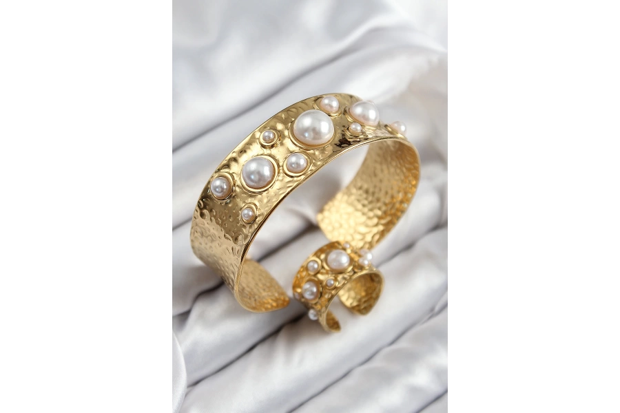 Shoecide Pirinç İncili Model Gold Renk Bileklik Yüzük Set