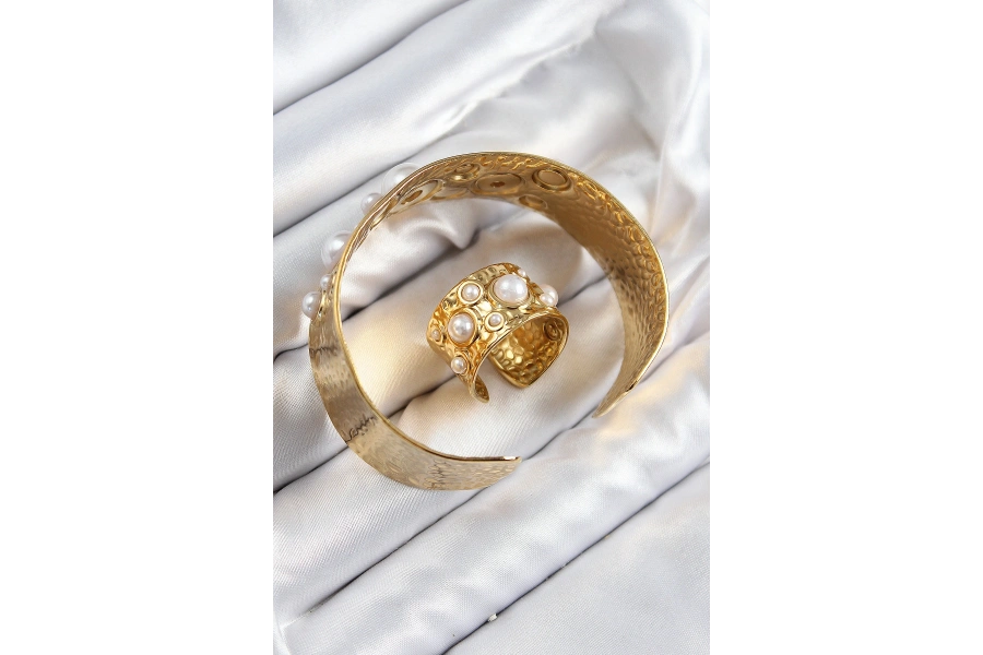 Shoecide Pirinç İncili Model Gold Renk Bileklik Yüzük Set