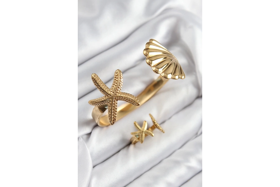Shoecide Pirinç İstiridye Ve Deniz Yıldızı Model Gold Renk Bileklik Yüzük Set