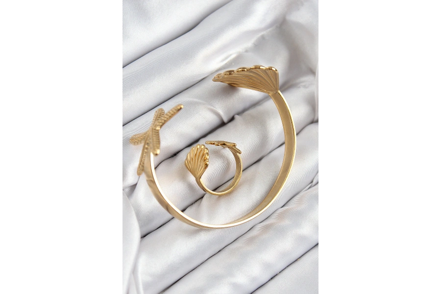 Shoecide Pirinç İstiridye Ve Deniz Yıldızı Model Gold Renk Bileklik Yüzük Set