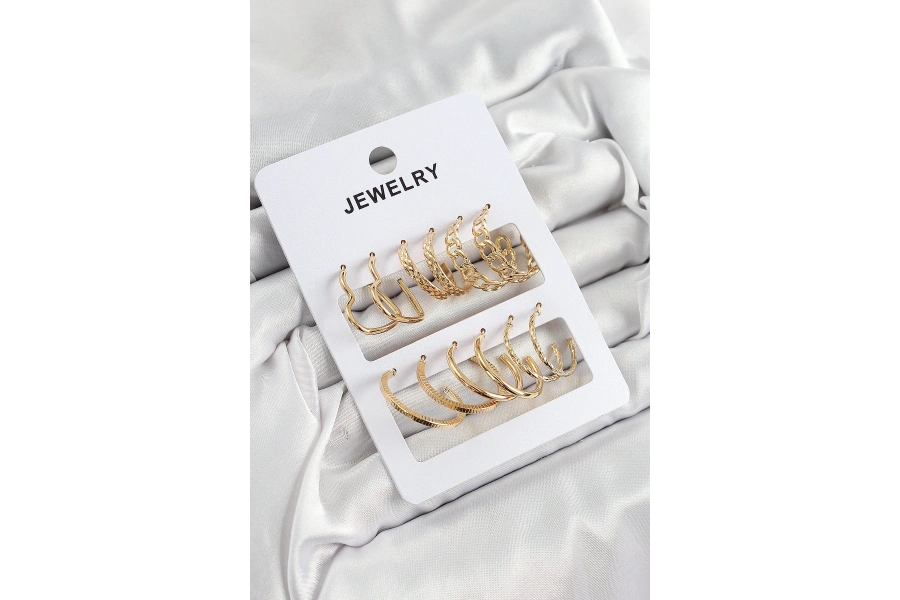 Shoecide Pirinç Karışık Halka Model Gold Renk 6 Çift Kadın Küpe Set