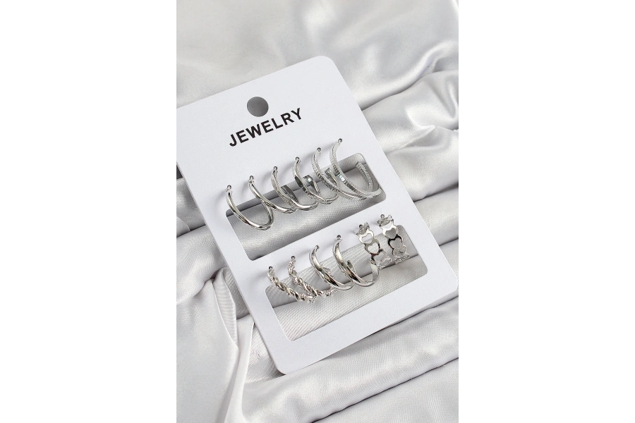 Shoecide Pirinç Karışık Halka Model Gümüş Renk 6 Çift Kadın Küpe Set