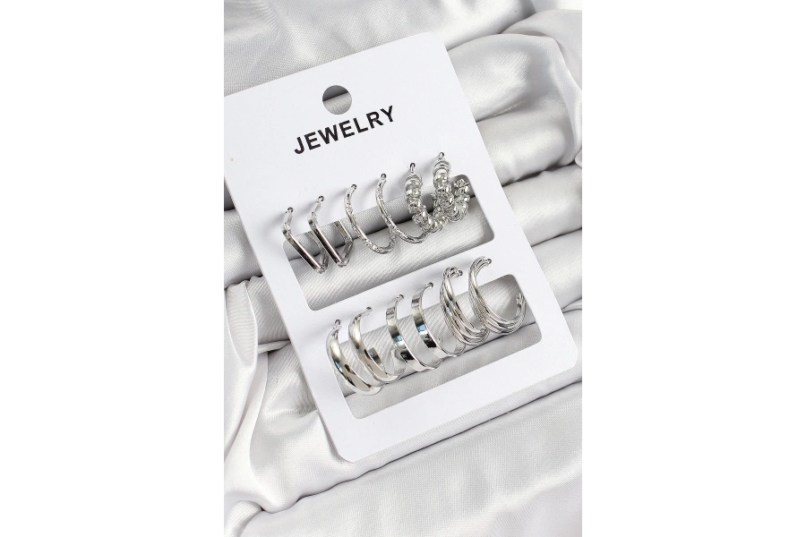 Shoecide Pirinç Karışık Halka Model Gümüş Renk 6 Çift Kadın Küpe Set