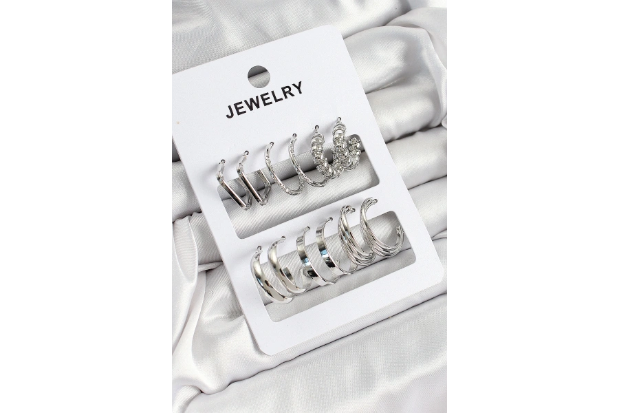 Shoecide Pirinç Karışık Halka Model Gümüş Renk 6 Çift Kadın Küpe Set