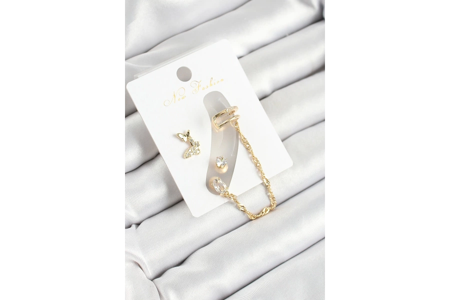 Shoecide Pirinç Kelebek Figürlü Zirkon Taşlı Gold Renk 3lü Kıkırdak Kadın Küpe Set