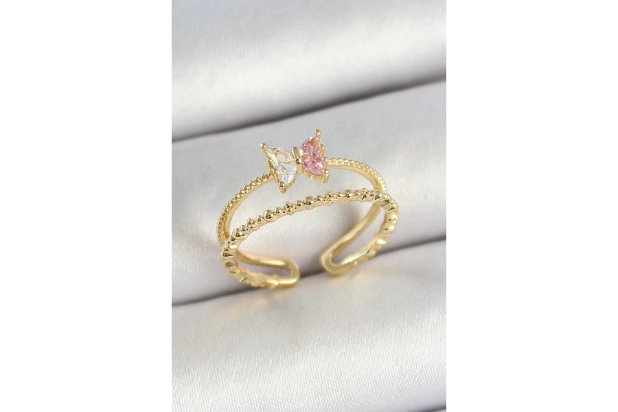 Shoecide Pirinç Kelebek Figürlü Zirkon Taşlı Gold Renk Ayarlanabilir Kadın Yüzük