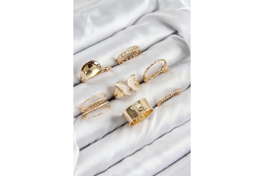 Shoecide Pirinç Kelebek Model Gold Renk Kadın Yüzük Kombin Set
