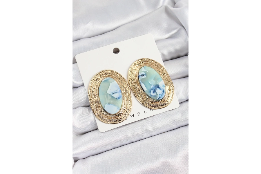 Shoecide Pirinç Mermer Desenlli Mavi Sedef Oval Vintage Model Gold Renk Kadın Küpe
