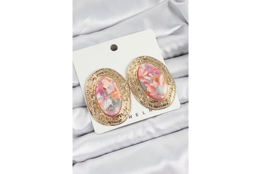 Shoecide Pirinç Mermer Desenlli Pembe Sedef Oval Vintage Model Gold Renk Kadın Küpe