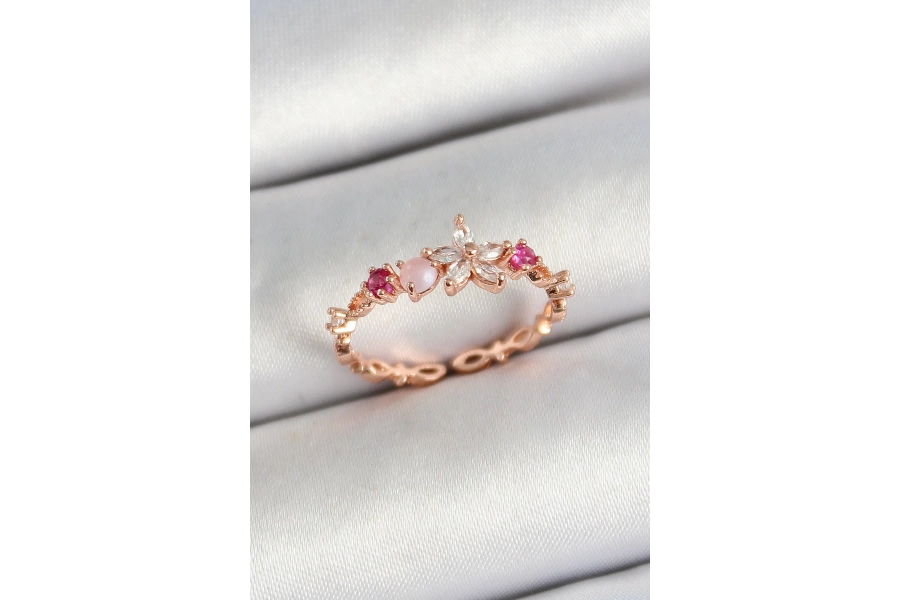 Shoecide Pirinç Papatya Figürlü Zirkon Taşlı Rose Gold Renk Ayarlanabilir Kadın Yüzük