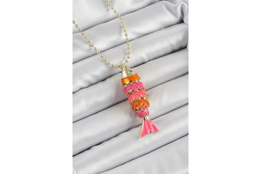 Shoecide Pirinç Pembe Ve Turuncu Balık Model Zirkon Taşlı Gold Renk Kadın Kolye