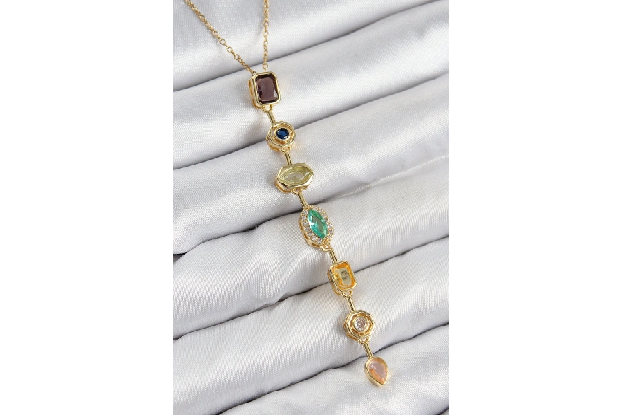 Shoecide Pirinç Renkli Zirkon Taşlı Model Gold Renk 7 Element Kadın Y Kolye