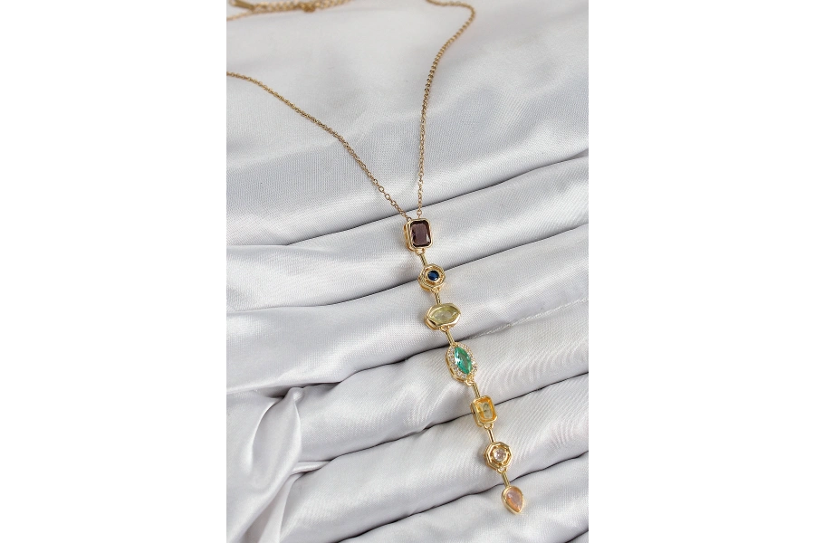 Shoecide Pirinç Renkli Zirkon Taşlı Model Gold Renk 7 Element Kadın Y Kolye