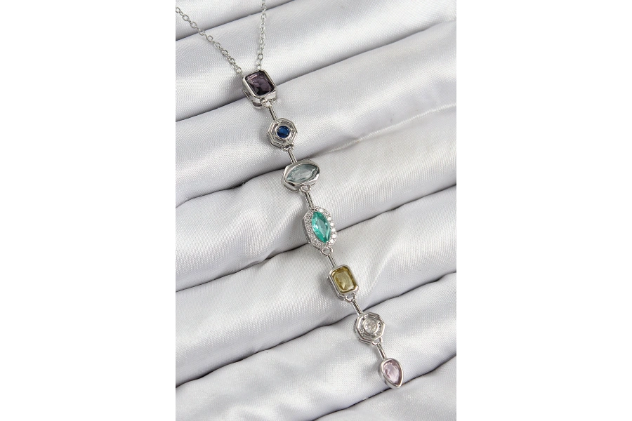 Shoecide Pirinç Renkli Zirkon Taşlı Model Gümüş Renk 7 Element Kadın Y Kolye