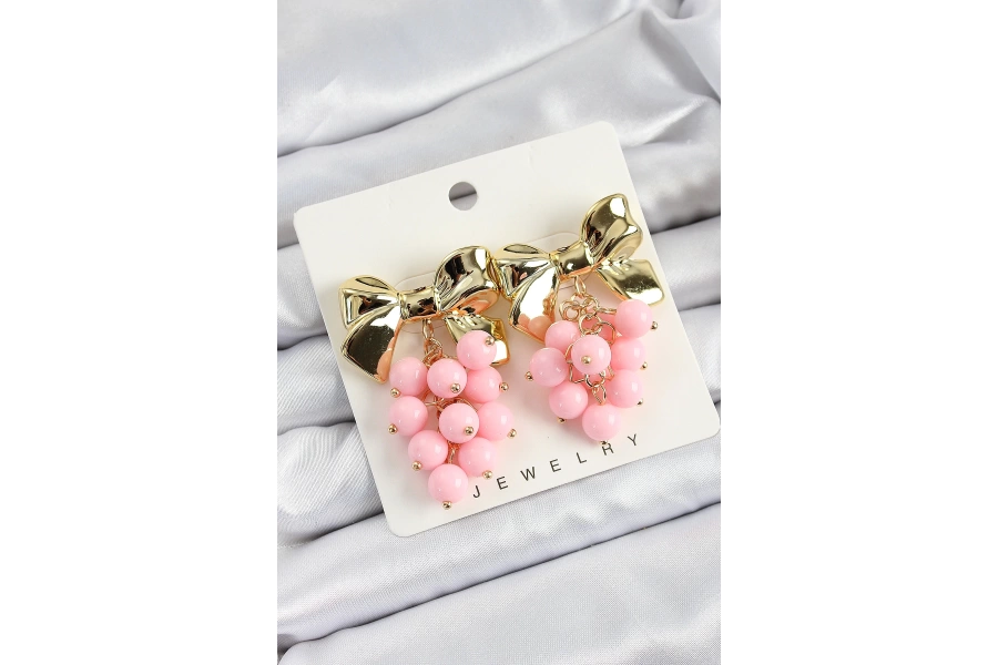 Shoecide Pirinç Sallantılı Pembe Boncuklu Fiyonk Vintage Model Gold Renk Kadın Küpe