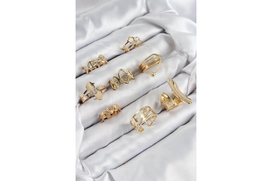 Shoecide Pirinç Sarmal Ve Yıldız Model Gold Renk Kadın Yüzük Kombin Set