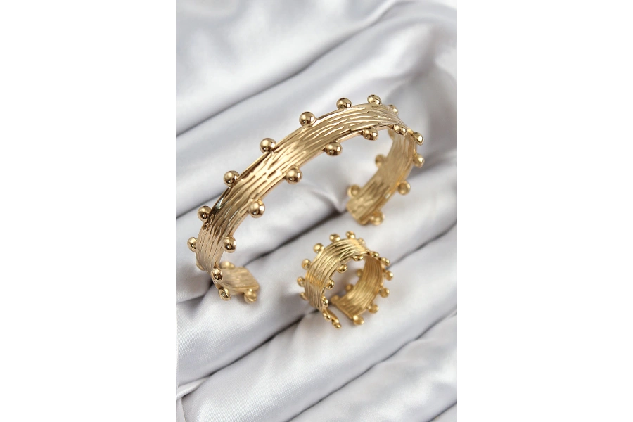 Shoecide Pirinç Topcuk Model Gold Renk Bileklik Yüzük Set