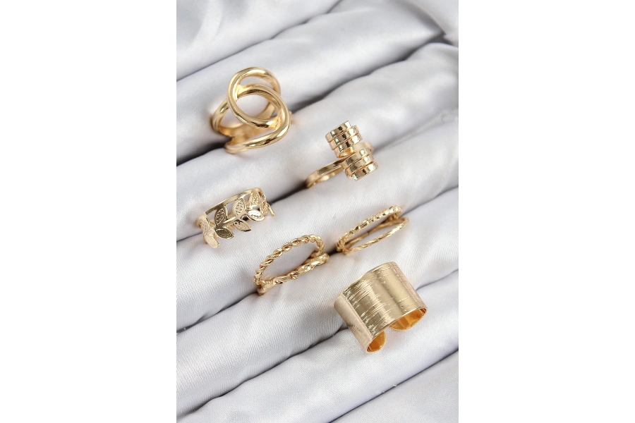 Shoecide Pirinç Yaprak Model Gold Renk Kadın Yüzük Kombin Set