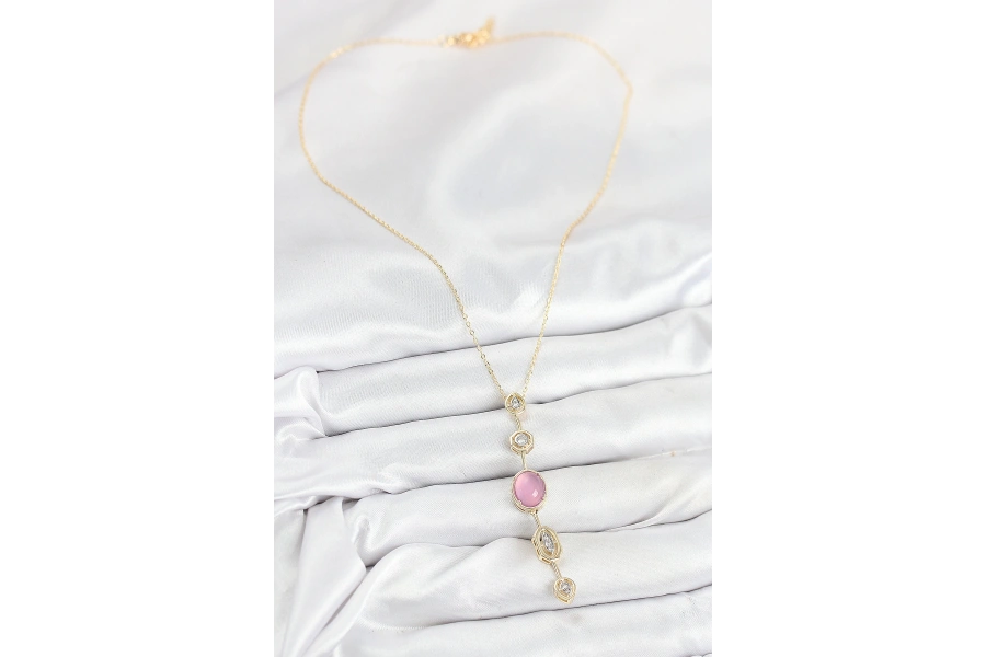Shoecide Pirinç Zincir Pembe Gold Renk Zirkon Taşlı Y Kolye