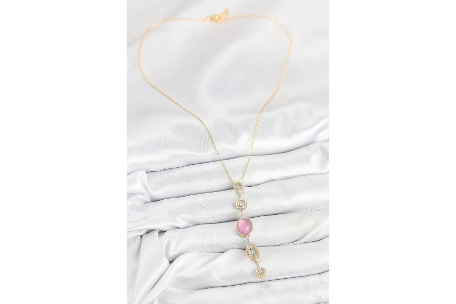 Shoecide Pirinç Zincir Pembe Gold Renk Zirkon Taşlı Y Kolye