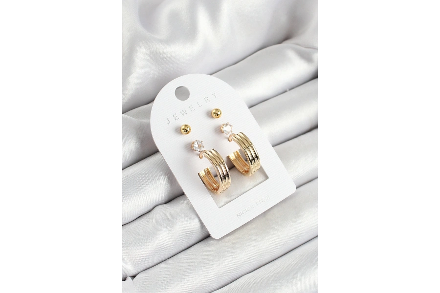 Shoecide Pirinç Zirkon Taş Ve Halka Figürlü Gold Renk 3lü Çift Kadın Küpe Set