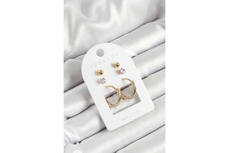 Shoecide Pirinç Zirkon Taş Ve Halka Figürlü Gold Renk 3lü Çift Kadın Küpe Set
