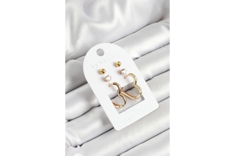 Shoecide Pirinç Zirkon Taş Ve Kalp Figürlü Gold Renk 3lü Çift Kadın Küpe Set