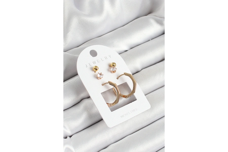 Shoecide Pirinç Zirkon Taş Ve Kemik Halka Figürlü Gold Renk 3lü Çift Kadın Küpe Set