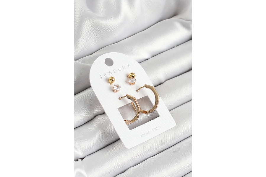 Shoecide Pirinç Zirkon Taş Ve Kemik Halka Figürlü Gold Renk 3lü Çift Kadın Küpe Set