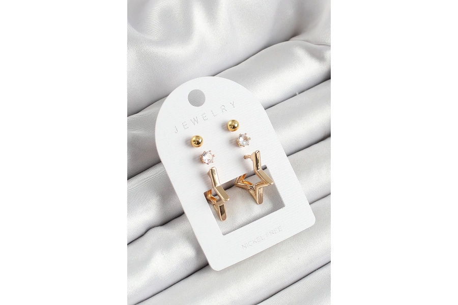 Shoecide Pirinç Zirkon Taş Ve Yıldız Figürlü Gold Renk 3lü Çift Kadın Küpe Set