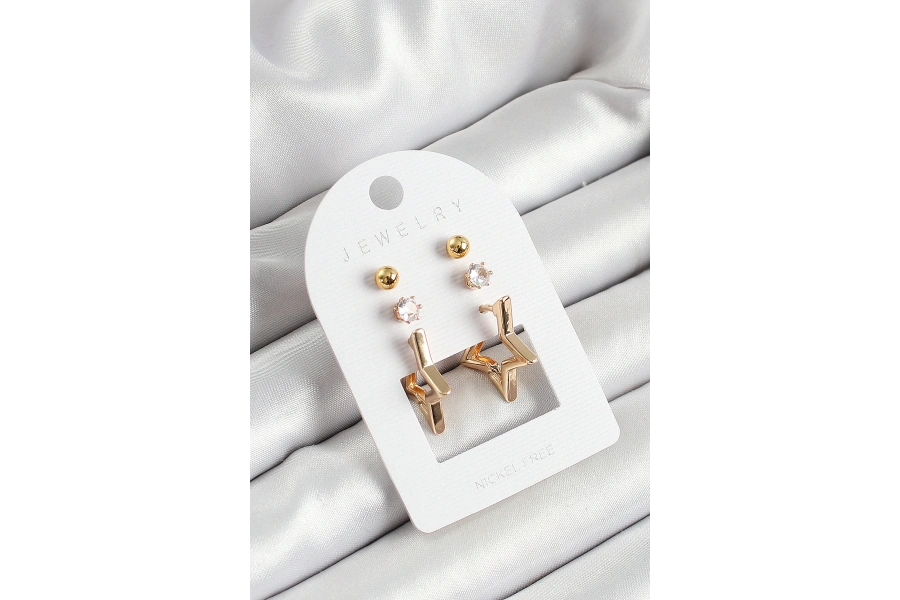 Shoecide Pirinç Zirkon Taş Ve Yıldız Figürlü Gold Renk 3lü Çift Kadın Küpe Set