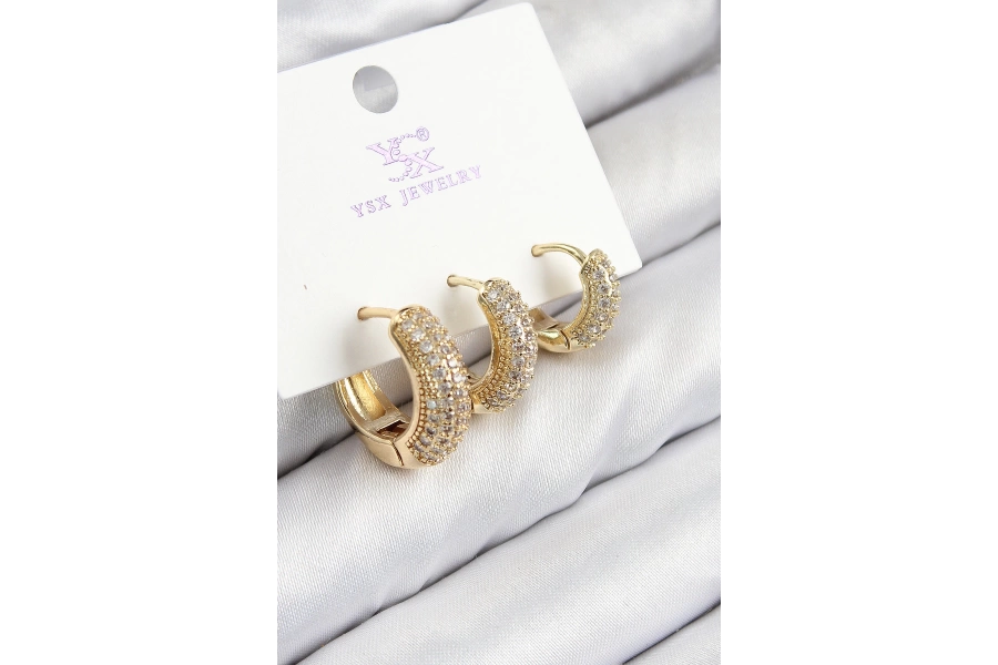 Shoecide Pirinç Zirkon Taşlı 3lü Halka Model Gold Renk Kadın Küpe