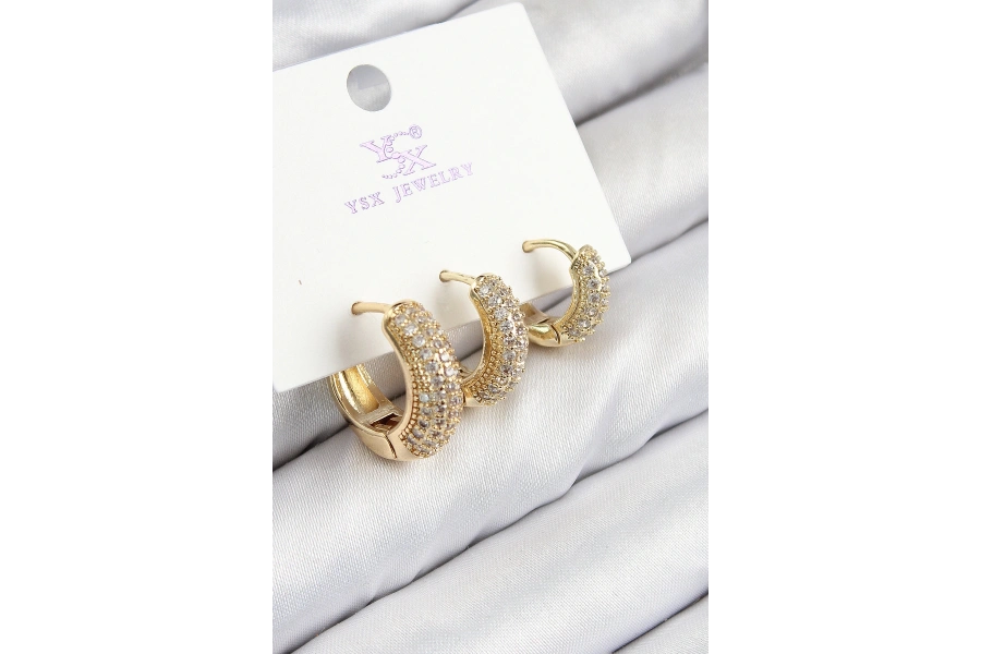 Shoecide Pirinç Zirkon Taşlı 3lü Halka Model Gold Renk Kadın Küpe