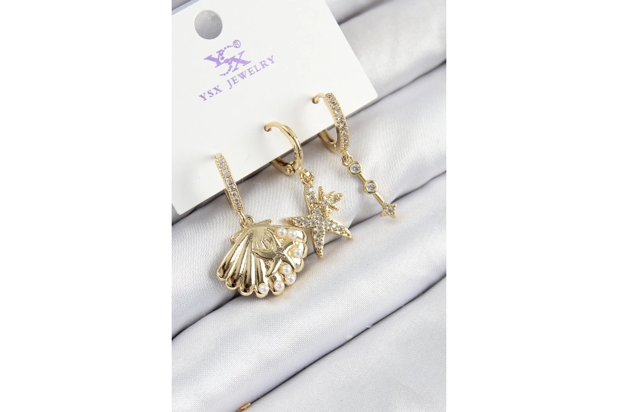 Shoecide Pirinç Zirkon Taşlı 3lü İstiridye Ve Yıldız Model Gold Renk Kadın Küpe