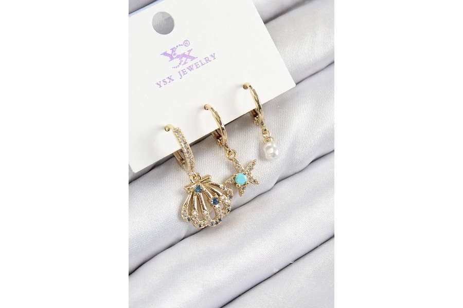 Shoecide Pirinç Zirkon Taşlı 3lü İstiridye Ve Yıldız Model Gold Renk Kadın Küpe