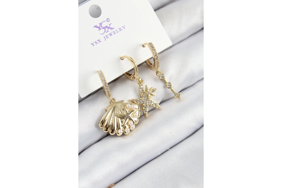Shoecide Pirinç Zirkon Taşlı 3lü İstiridye Ve Yıldız Model Gold Renk Kadın Küpe