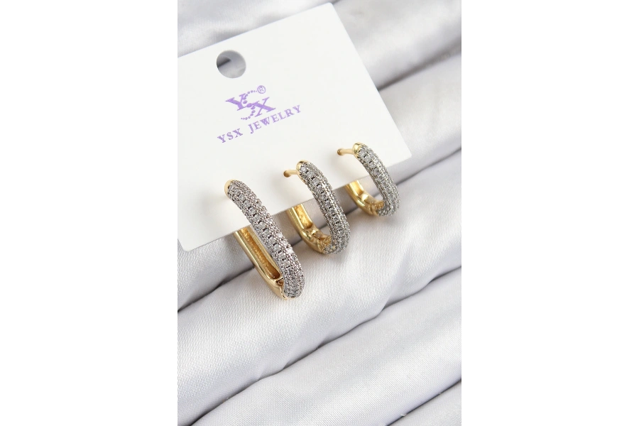 Shoecide Pirinç Zirkon Taşlı 3lü Oval Dikdörtgen Model Gold Ve Gümüş Renk Kadın Küpe