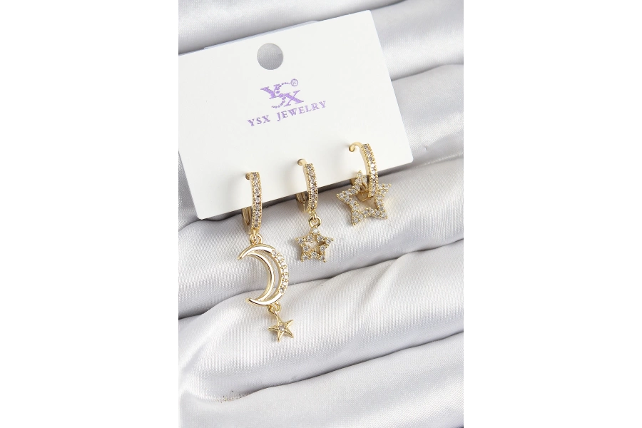 Shoecide Pirinç Zirkon Taşlı Ay Ve Hilal Model Gold Renk 3lü Kadın Küpe