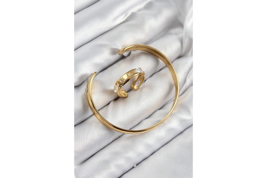 Shoecide Pirinç Zirkon Taşlı Ayrık Model Gold Renk Bileklik Yüzük Set