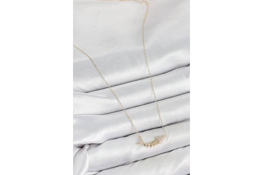 Shoecide Pirinç Zirkon Taşlı Balık Kılçığı Model Gold Renk Kadın Kolye