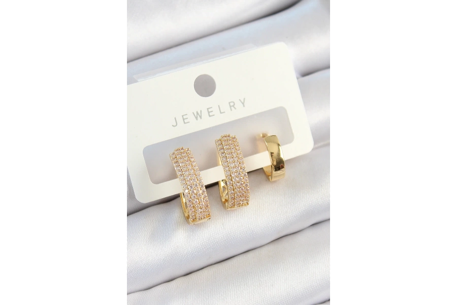 Shoecide Pirinç Zirkon Taşlı Damla Model Gold Renk 3lü Çift Kadın Küpe Set