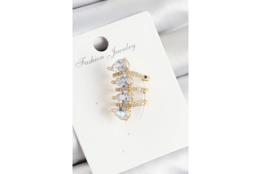 Shoecide Pirinç Zirkon Taşlı Damla Model Gold Renk Sağ Kıkırdak Küpe