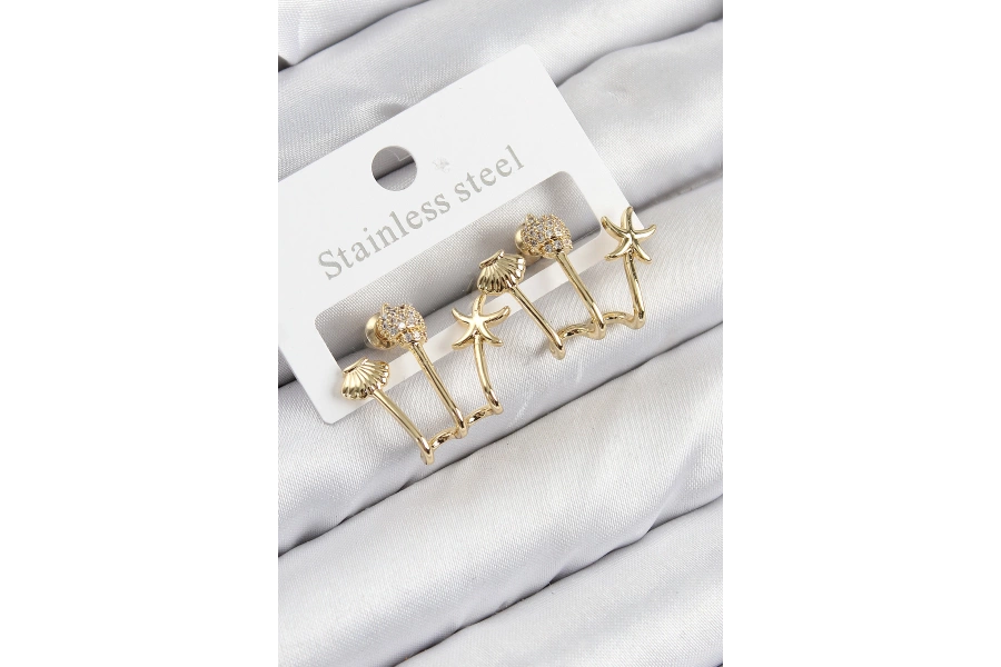 Shoecide Pirinç Zirkon Taşlı Deniz Yıldızı Ve İstiridye Model Gold Renk Kadın Küpe
