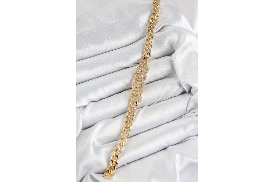 Shoecide Pirinç Zirkon Taşlı Ezme Küba Zincir Model Gold Renk Kadın Bileklik