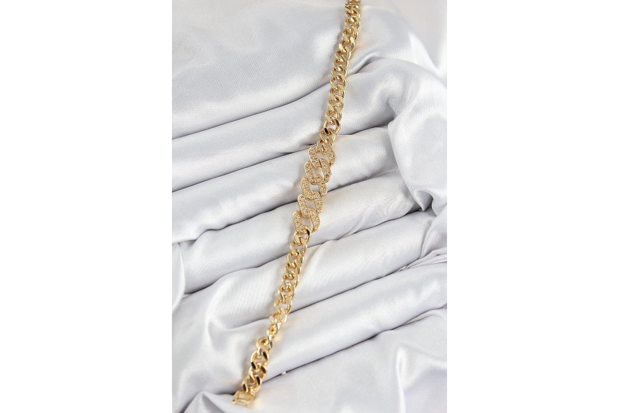 Shoecide Pirinç Zirkon Taşlı Ezme Küba Zincir Model Gold Renk Kadın Bileklik