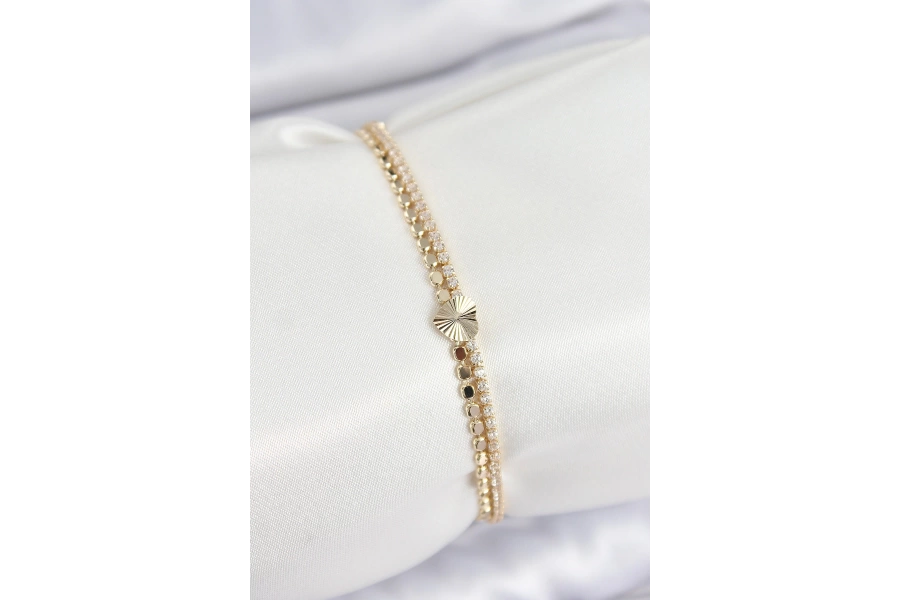 Shoecide Pirinç Zirkon Taşlı Ezme Zincirli Kalp Model Gold Renk Kadın Bilekilk